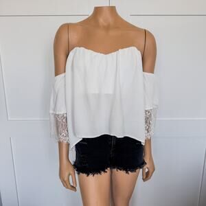 Blue Rain, White Lace Sweetheart Off The Shoulder Top w/ Bralette- Size Medium